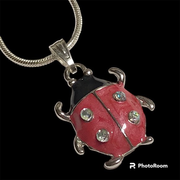 Ladybug Pendant Necklace Crystal Silver Plated 18" Chain Insect Red Enamel - Picture 1 of 12
